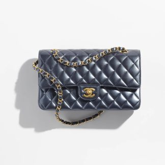Chanel 2023 Metallic Calfskin & Gold Metal Navy Blue Classic Handbag