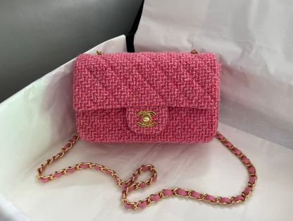 Chanel Mini Flap Bag Pink Tweed Gold Chain 2022